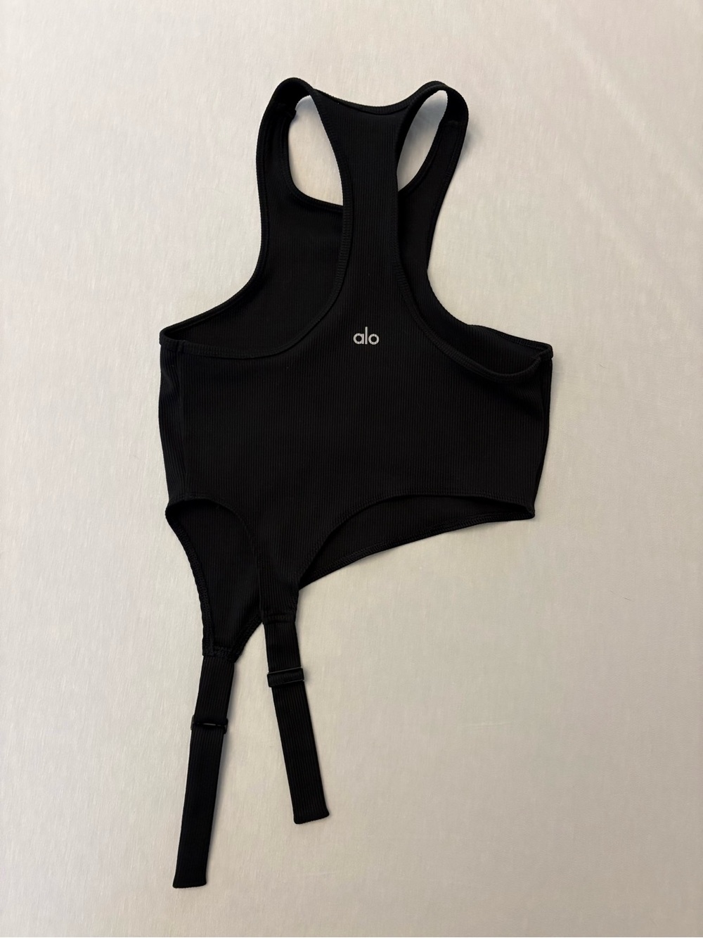 ALO Yoga Black Ribbed Racerback Bodysuit with Adjustable Straps
